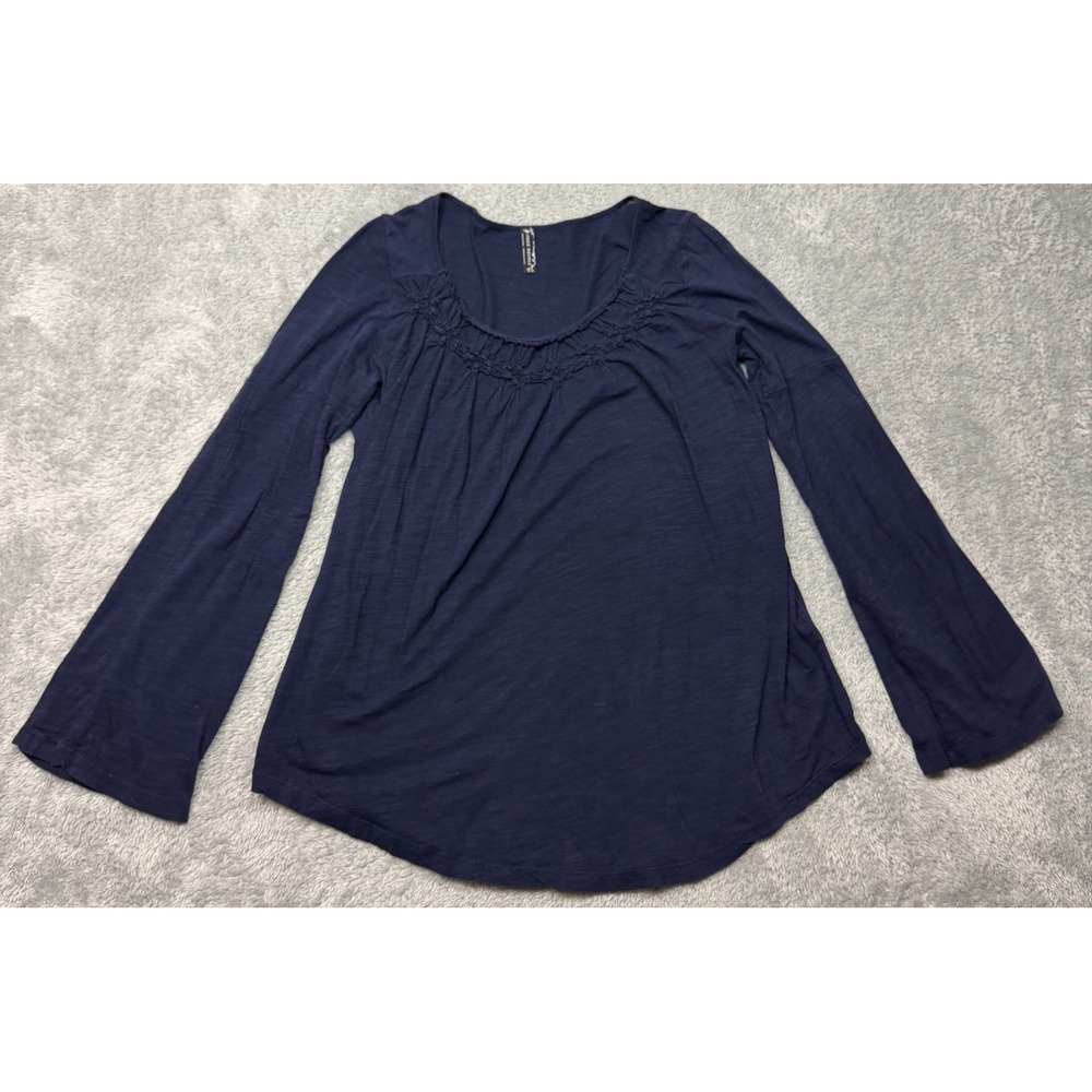 Free People Top M Navy Blue Smocked‎ Scoop Neck Convertible Sleeve Textured Knit